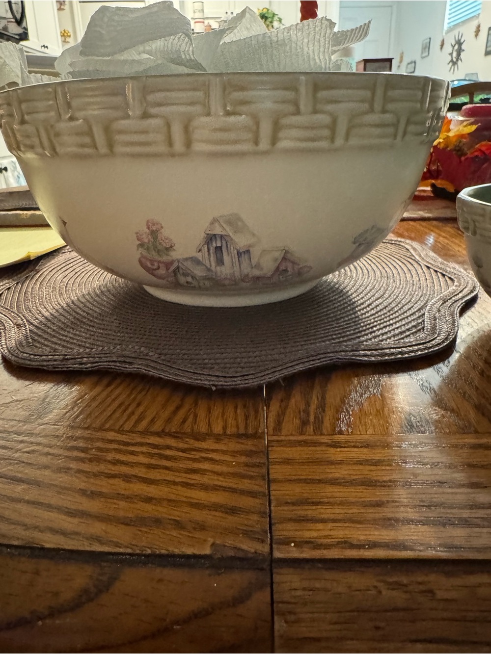 Cream Ceramic Decorative Serving Bowl with Pastoral Motif